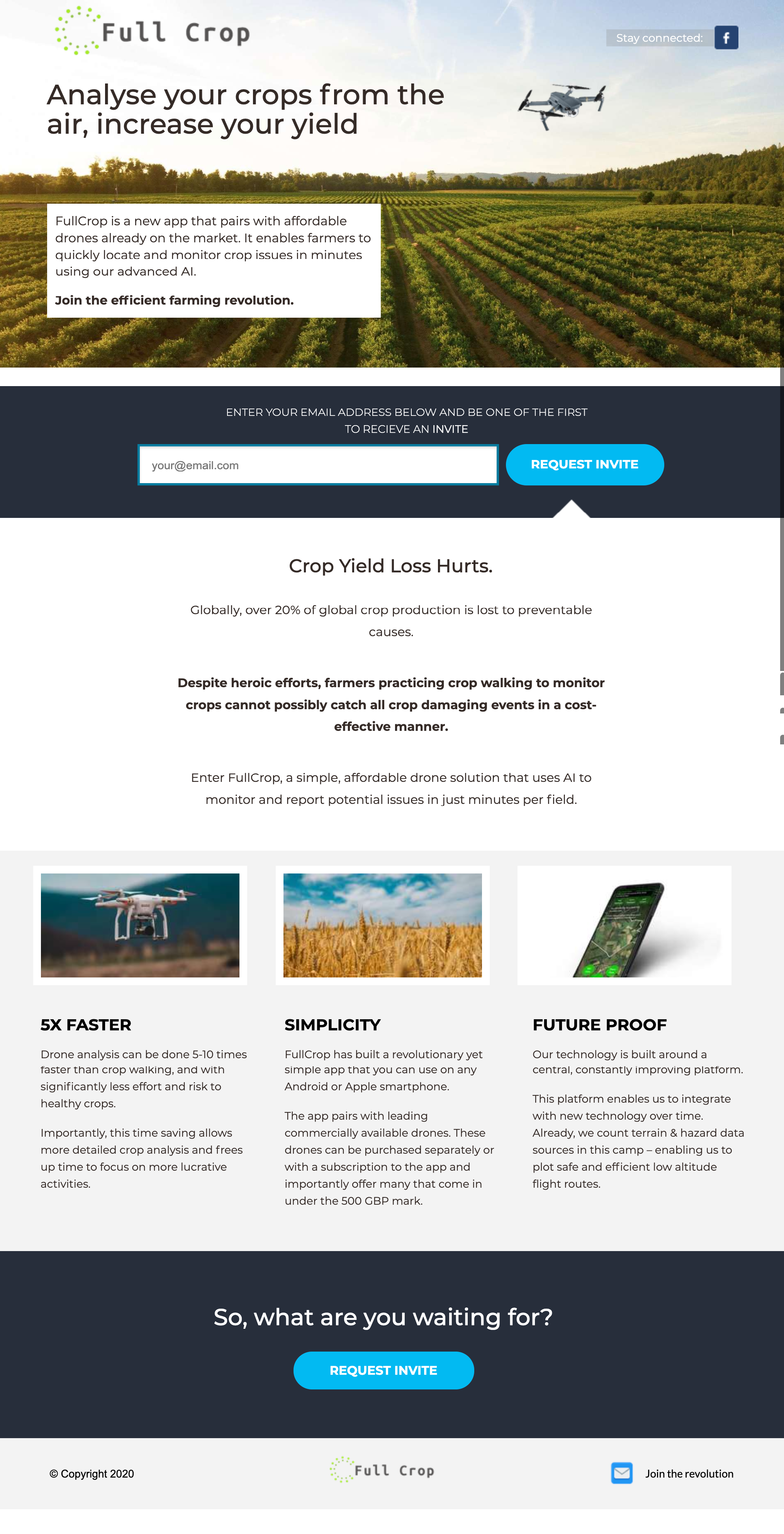 An example landing page for a drone monitoring service in agriculture.