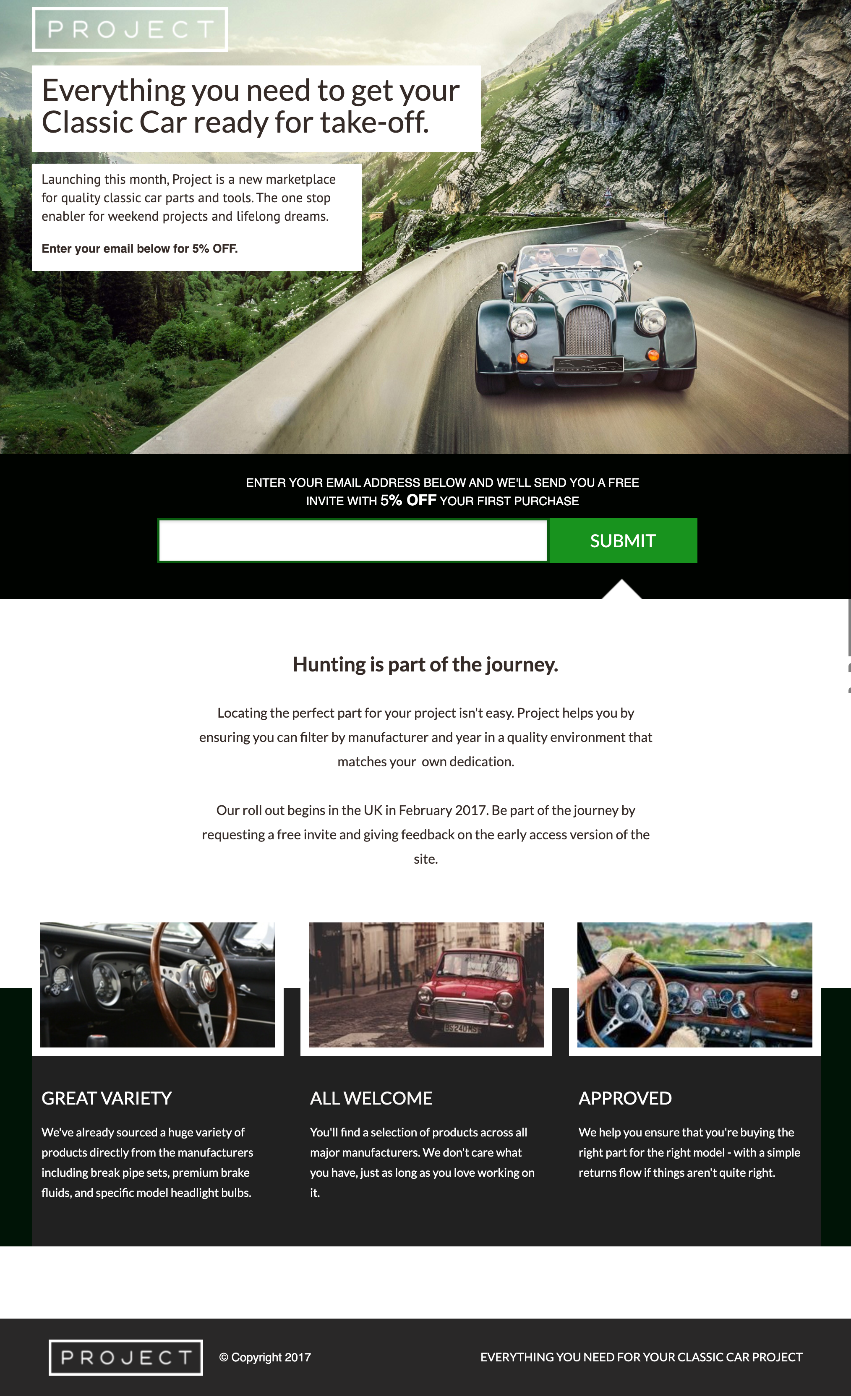 A landing page example for a classic car parts marketplace